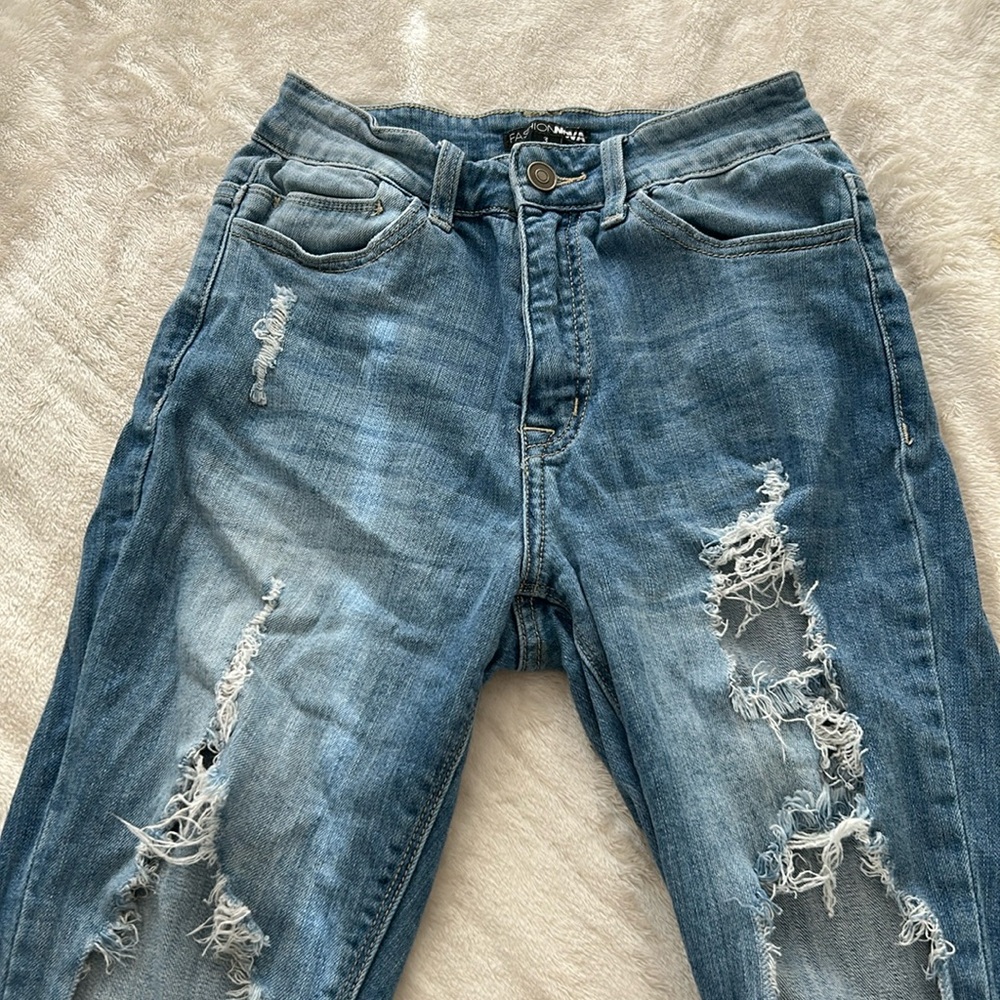 Fashion nova jeans, distressed, dark blue wash